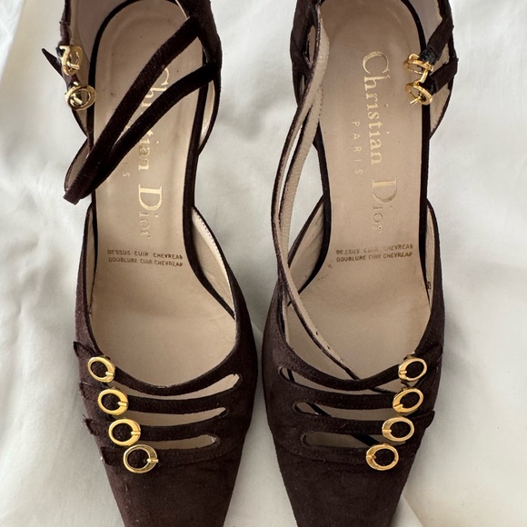 Chocolate Brown Suede Slingback Heels with Gold Accents - Picture 1 of 7